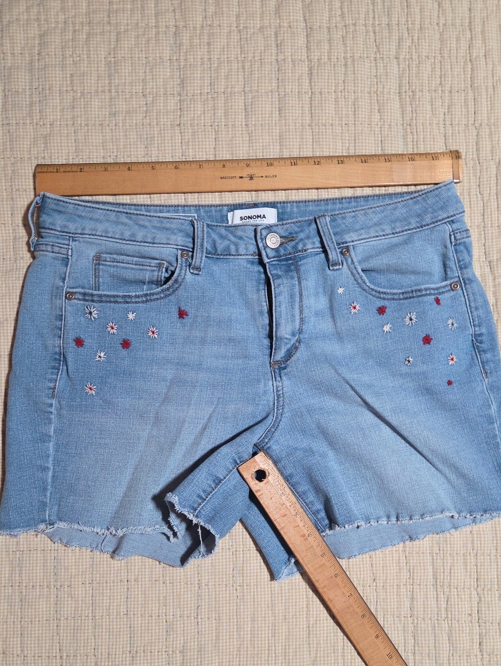 Sonoma Denim Shorts with Red & White Floral Embroidery Size 12, 4" inseam